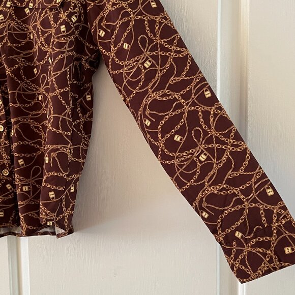Marc New York Women's Brown Gold Chain Print Button Up Sleeve Blouse Top, Size M - Picture 4 of 11